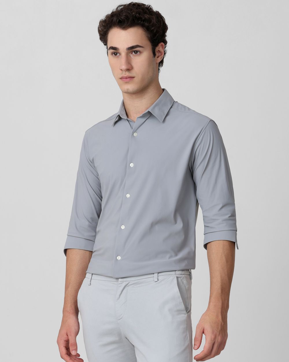 Light Grey Stretch Plain Slim Fit Casual Shirt