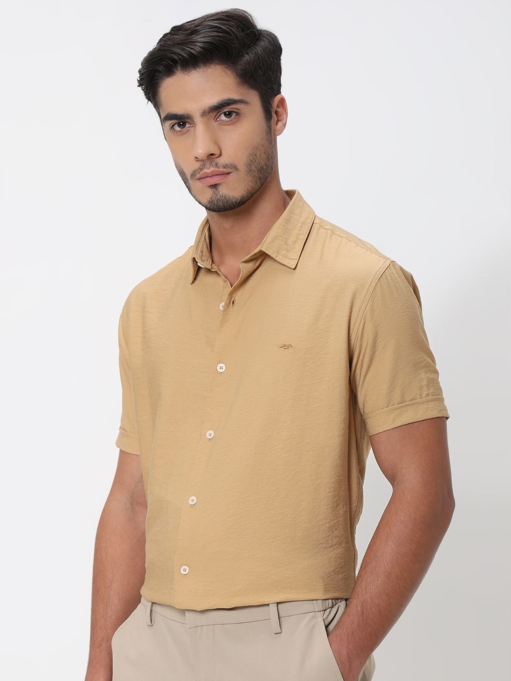 Light Khaki Textured Viscose Blend Plain Slim Fit Casual Shirt