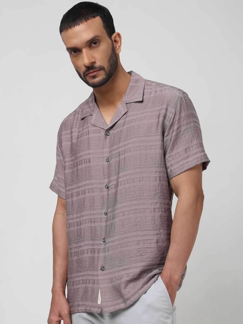 Grey Textured Plain Relaxed Fit Casual Shirt