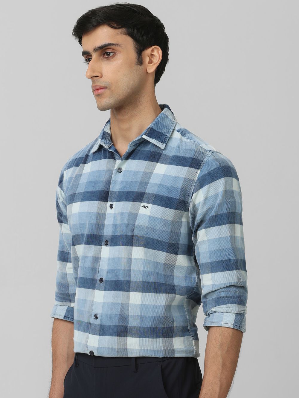 Indigo Blue Corduroy Check Slim Fit Casual Shirt