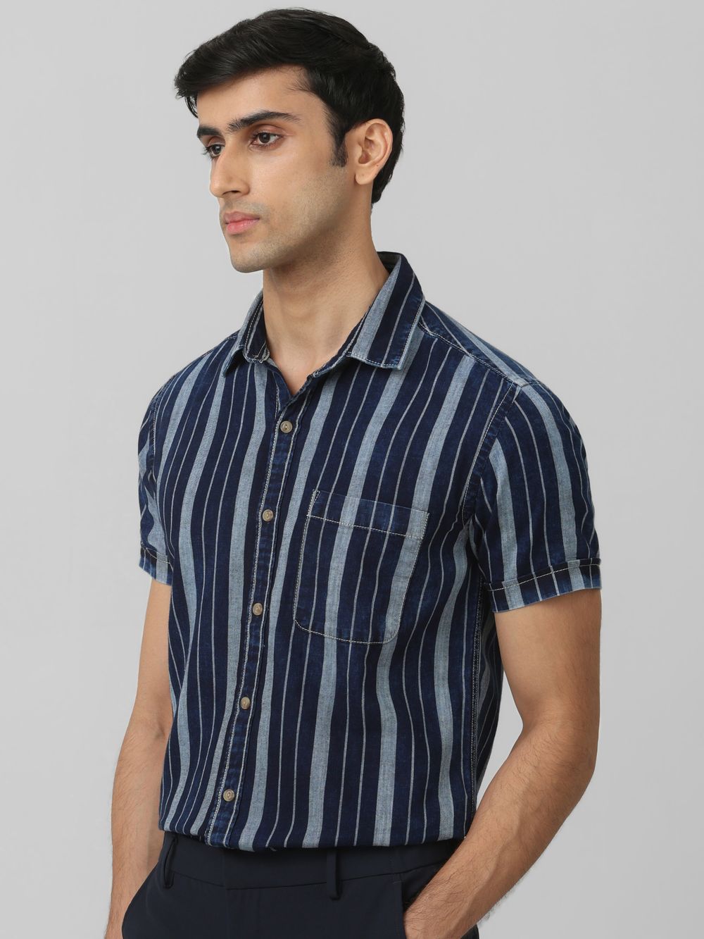 Dark Indigo Blue Denim Stripe Slim Fit Casual Shirt