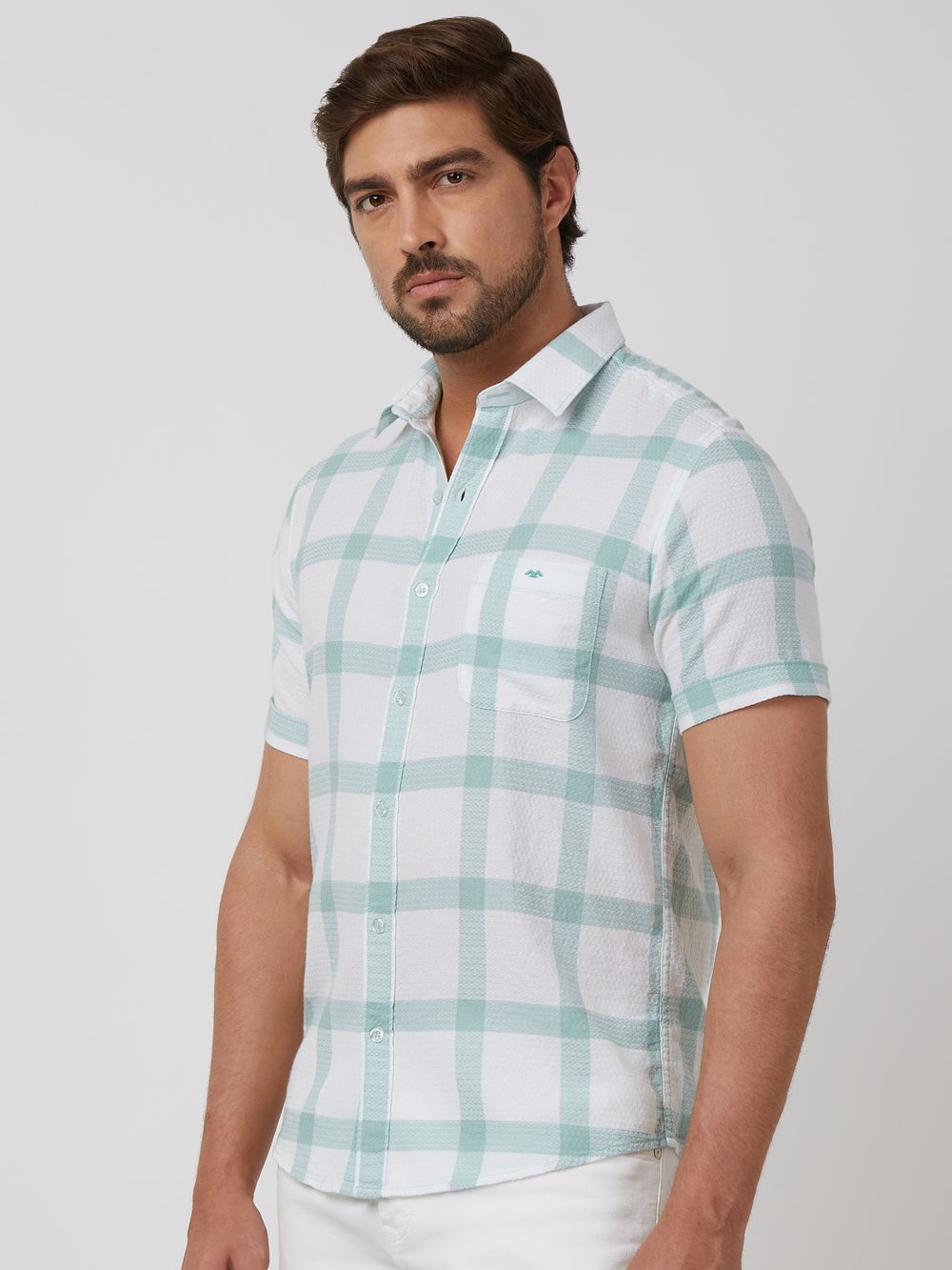 Light Green Large Check Slim Fit Casual Shirt