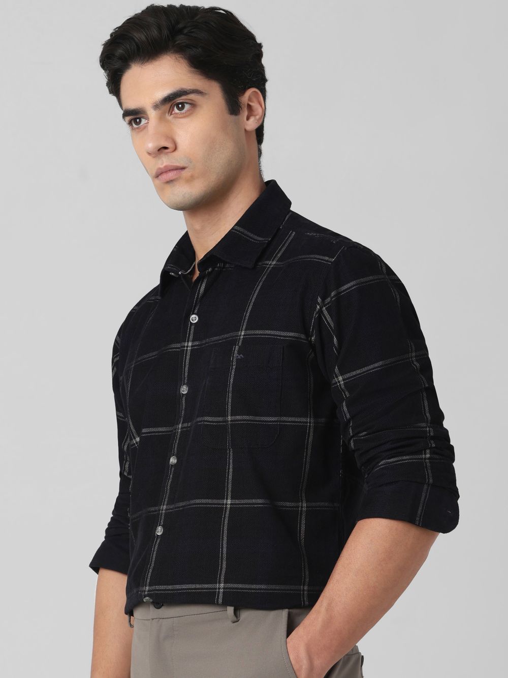 Black Corduroy Check Slim Fit Casual Shirt