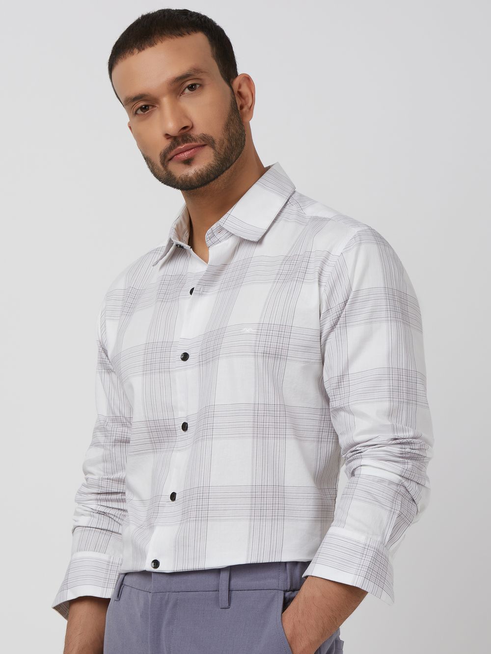 White Large Check Slim Fit Casual Shirt