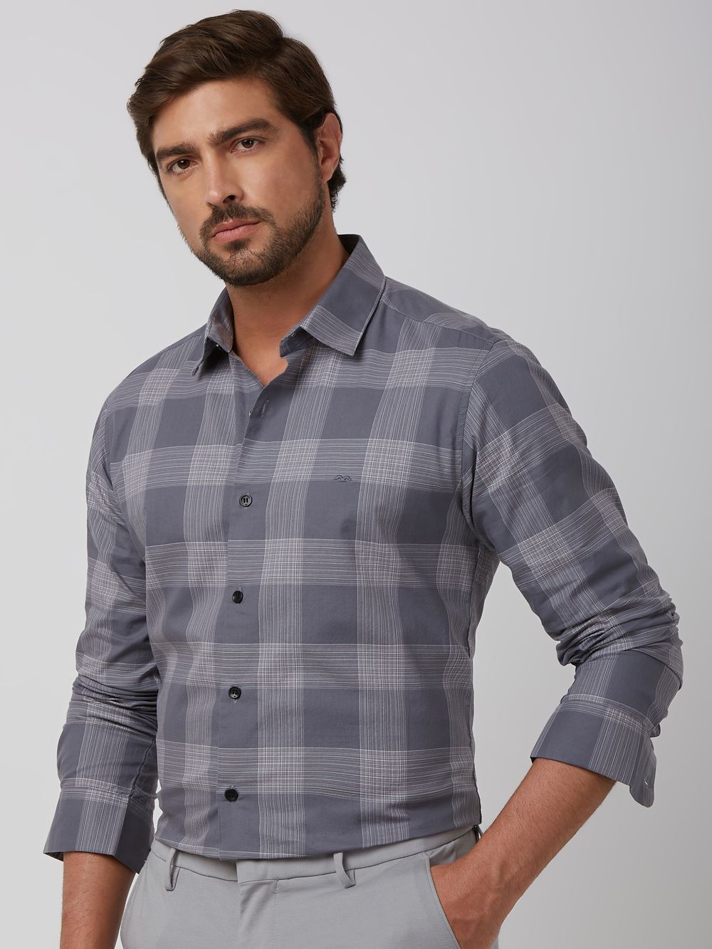 Grey Large Check Slim Fit Casual Shirt