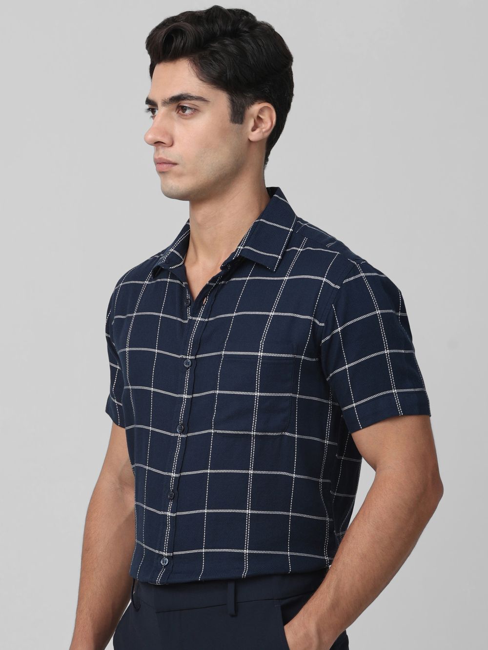 Navy Windowpane Check Slim Fit Casual Shirt