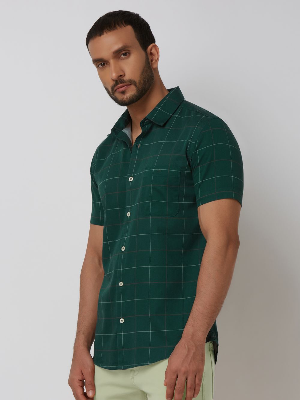 Dark Green Windowpane Check Slim Fit Casual Shirt