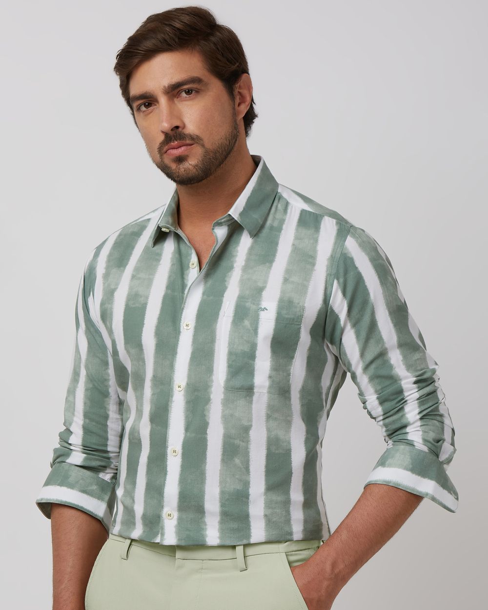 Green Painted Stripe Slim Fit Casual Shirt