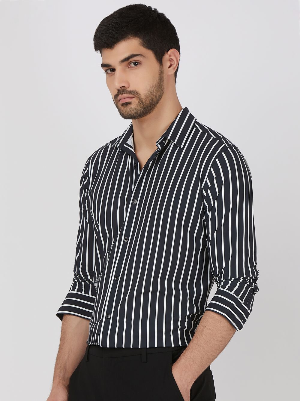 Black Bengal Stripe Stretch Slim Fit Casual Shirt