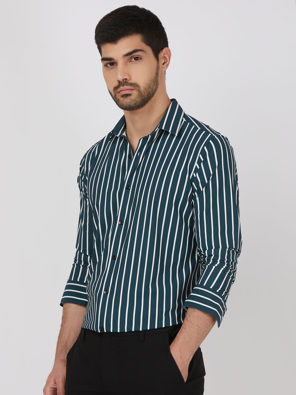 Dark Green Bengal Stripe Stretch Slim Fit Casual Shirt