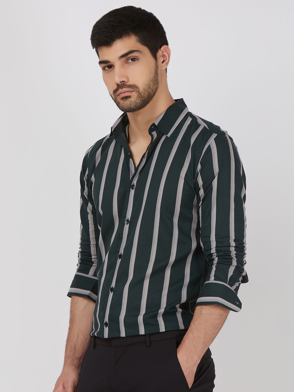 Dark Green Wide Stripe Slim Fit Casual Shirt