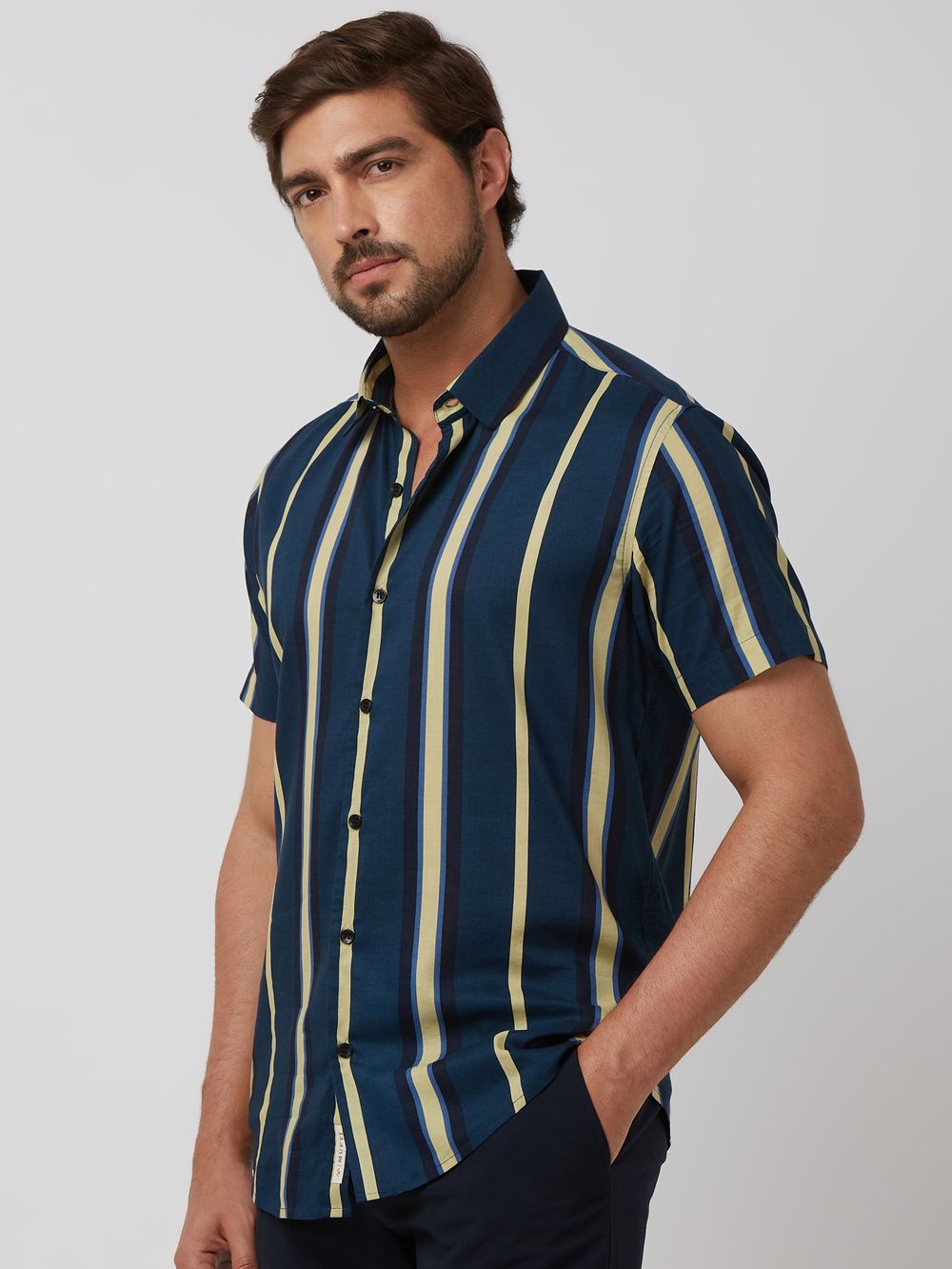 Navy Wide Stripe Slim Fit Casual Shirt