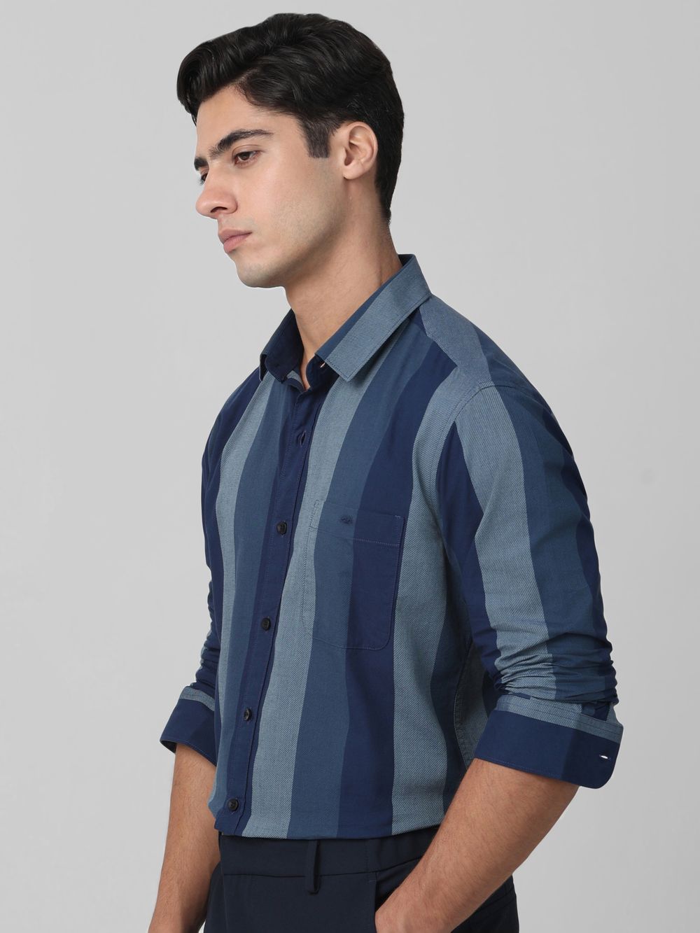 Navy Broad Stripe Slim Fit Casual Shirt