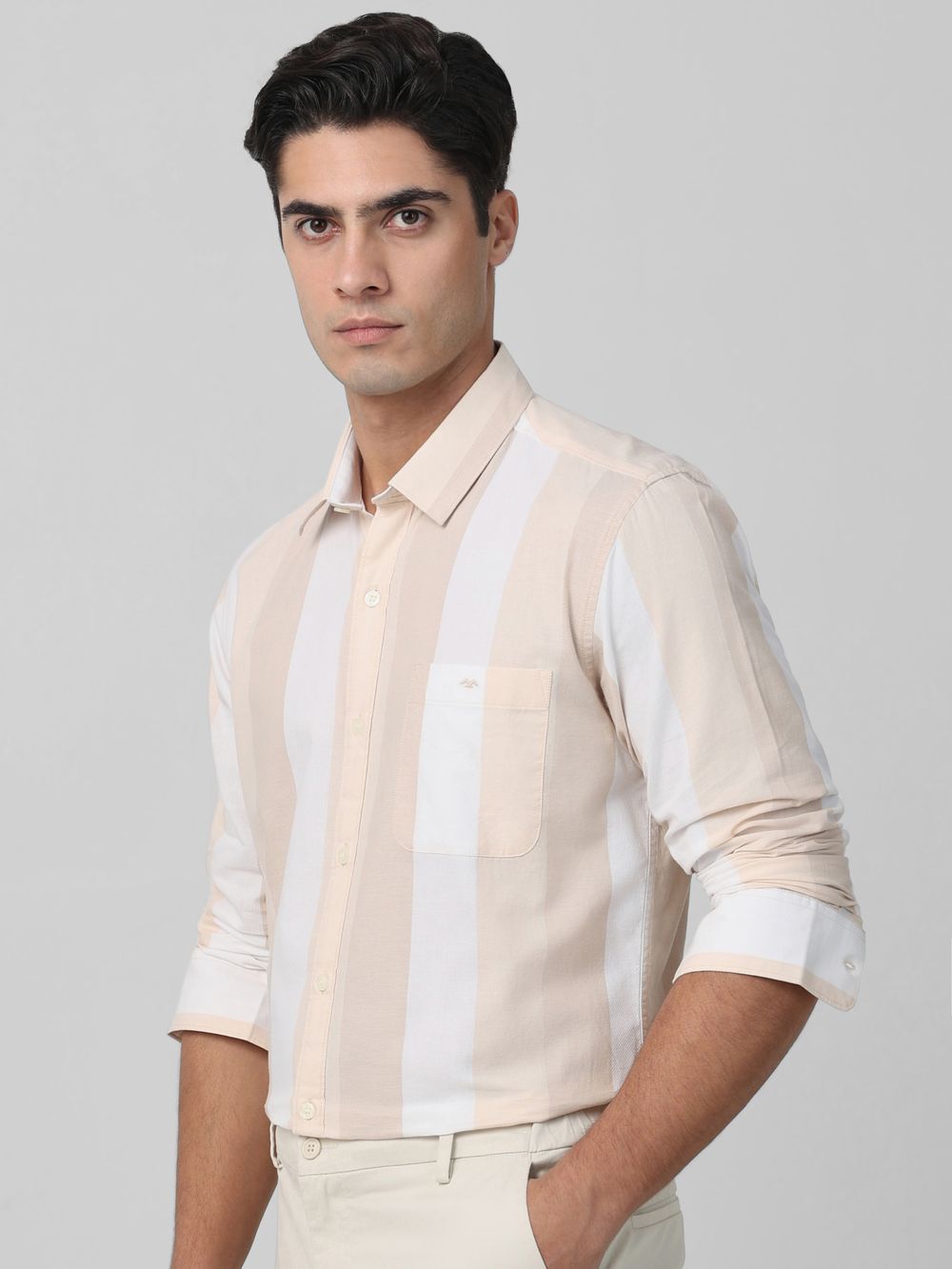 Beige Broad Stripe Slim Fit Casual Shirt