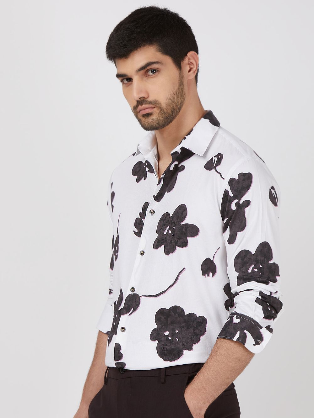 White Floral Print Slim Fit Casual Shirt