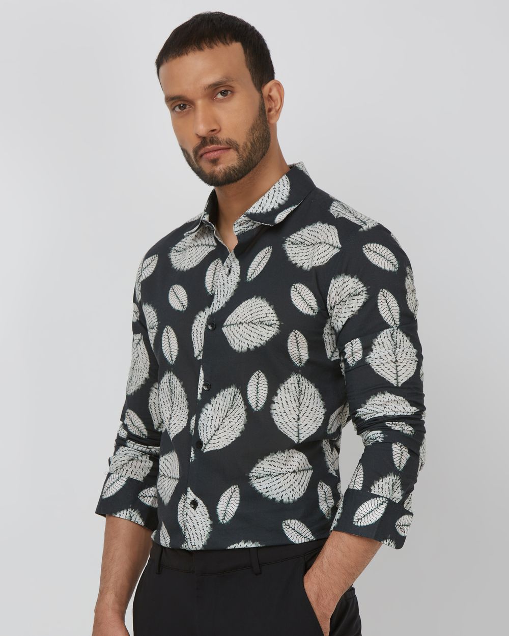 Dark Green Leaf Print Slim Fit Casual Shirt