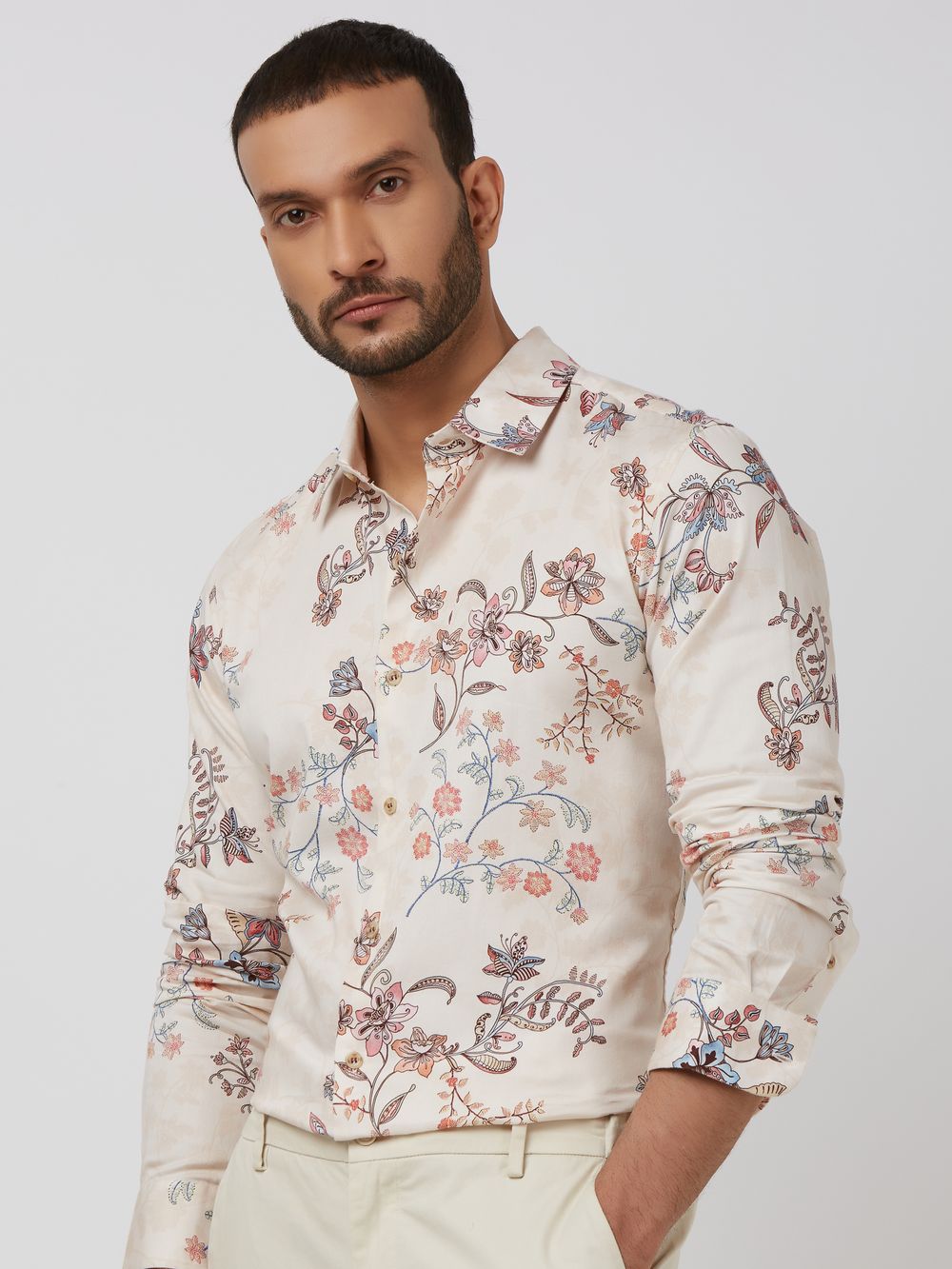 Beige Floral Print Slim Fit Casual Shirt