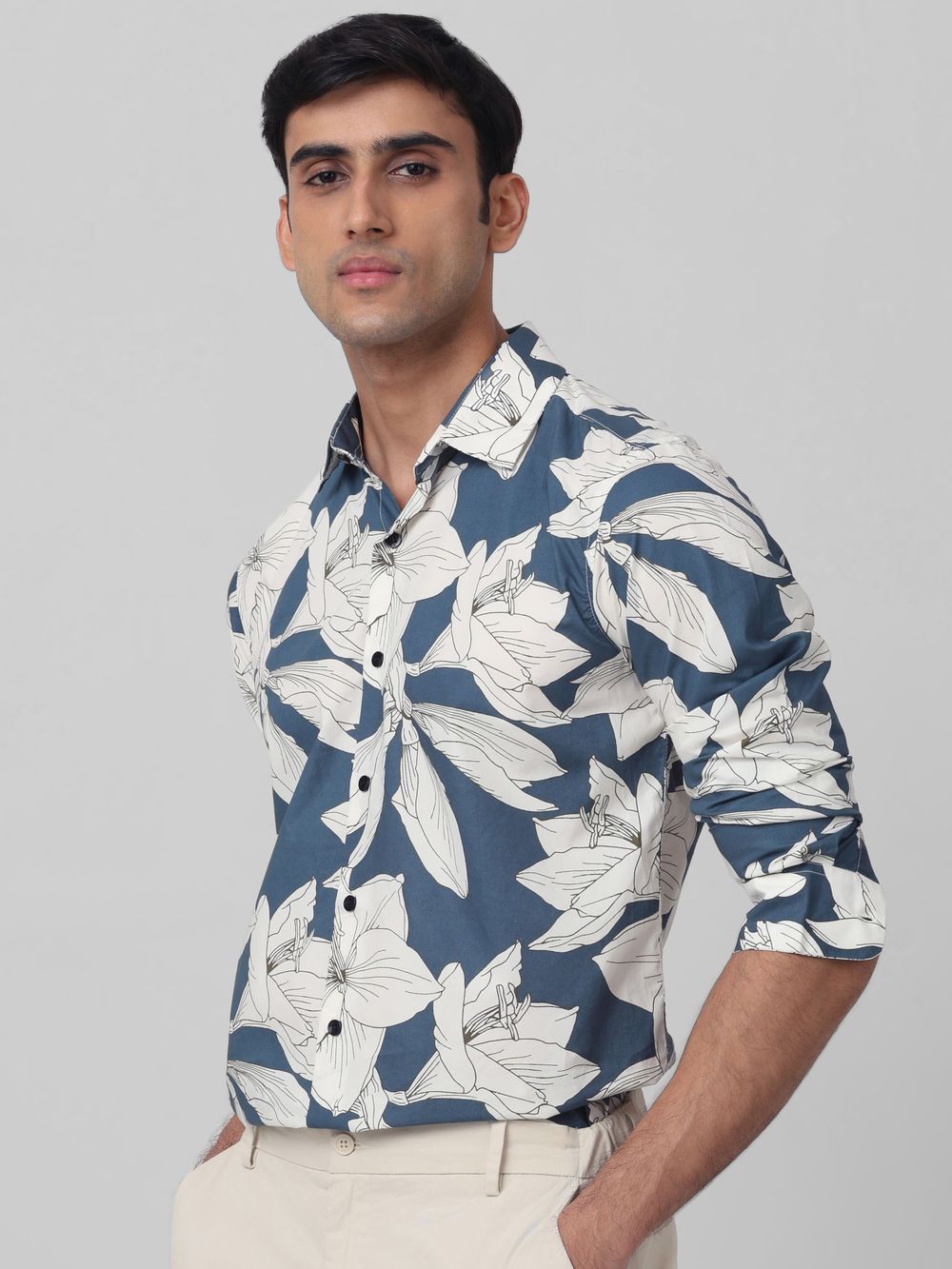 Teal Floral Print Slim Fit Casual Shirt