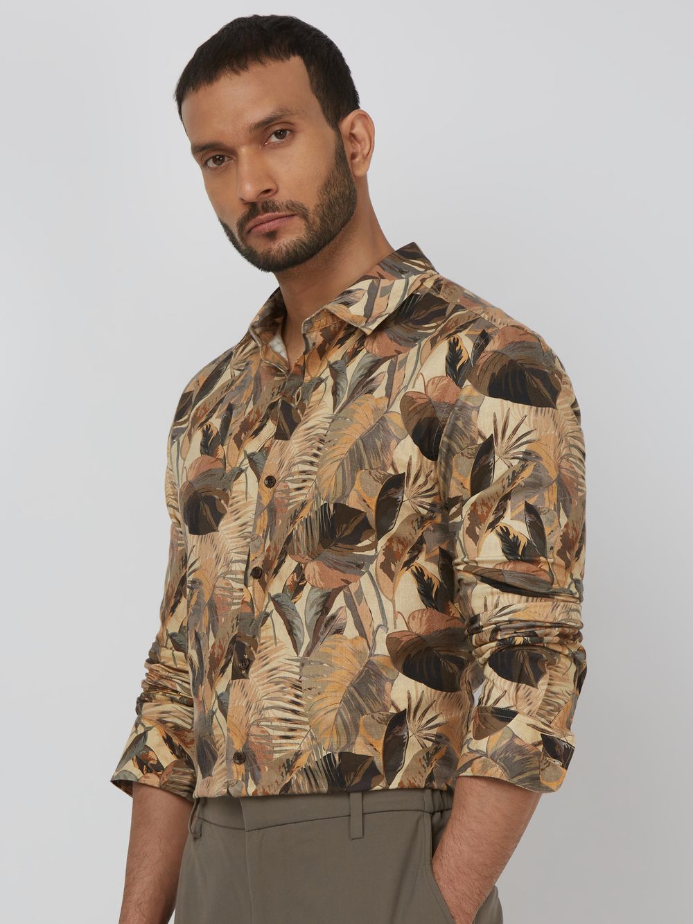 Khaki Leaf Print Slim Fit Casual Shirt