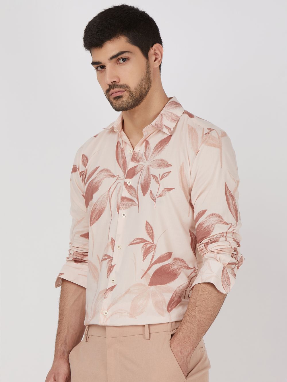 Pastel Pink Floral Print Slim Fit Casual Shirt