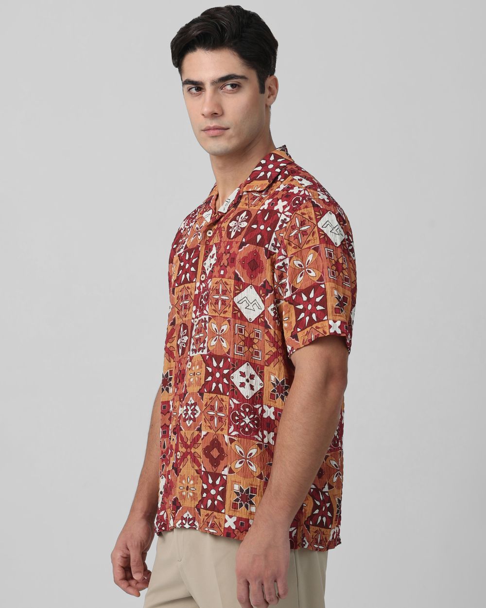 Rust Tile Print Relaxed Fit Casual Shirt