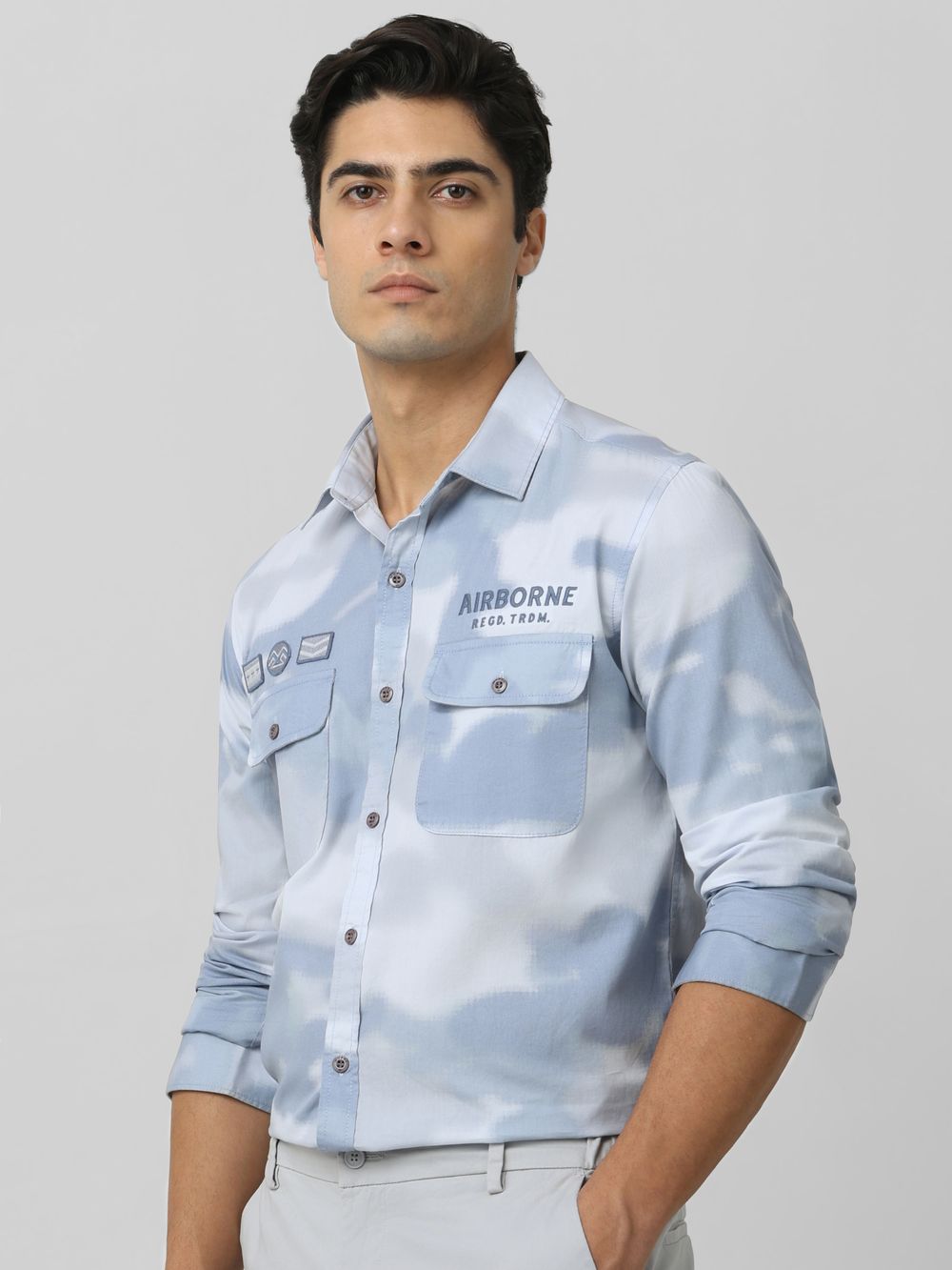 Grey Badged Print Slim Fit Casual Shirt