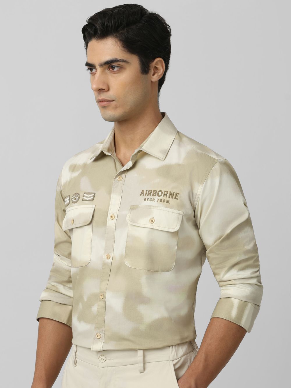 Beige Badged Print Slim Fit Casual Shirt