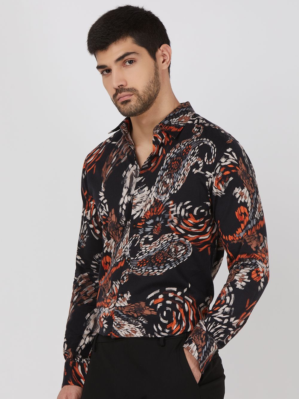 Black Digital Print Slim Fit Casual Shirt