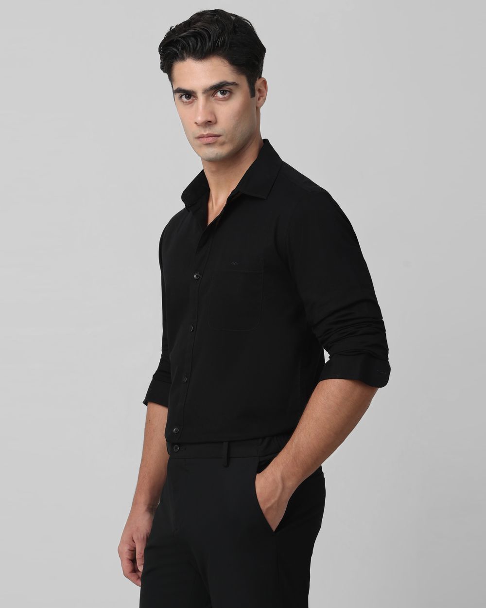 Black Cotton Linen Plain Slim Fit Casual Shirt