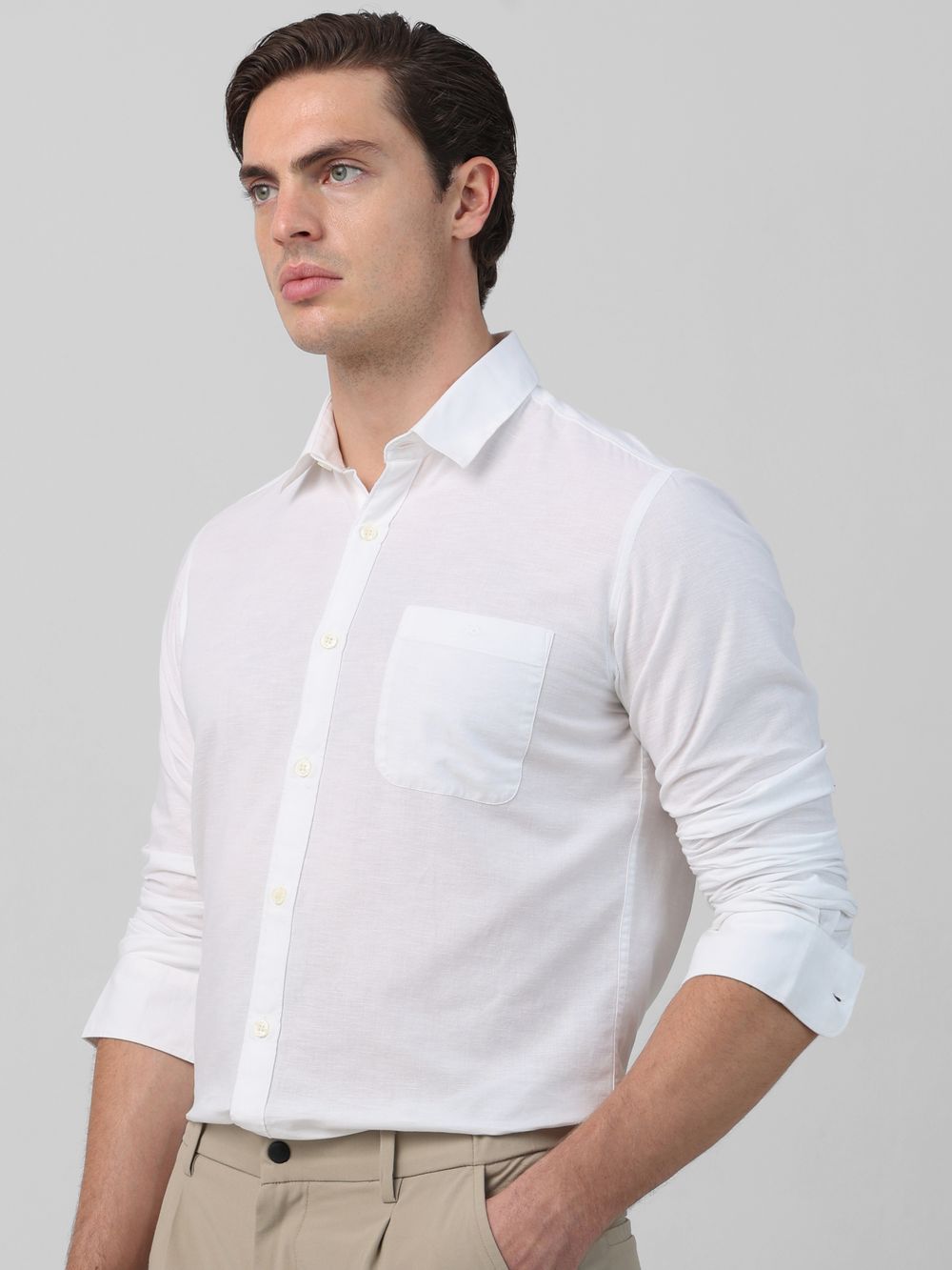 White Cotton Linen Plain Slim Fit Casual Shirt