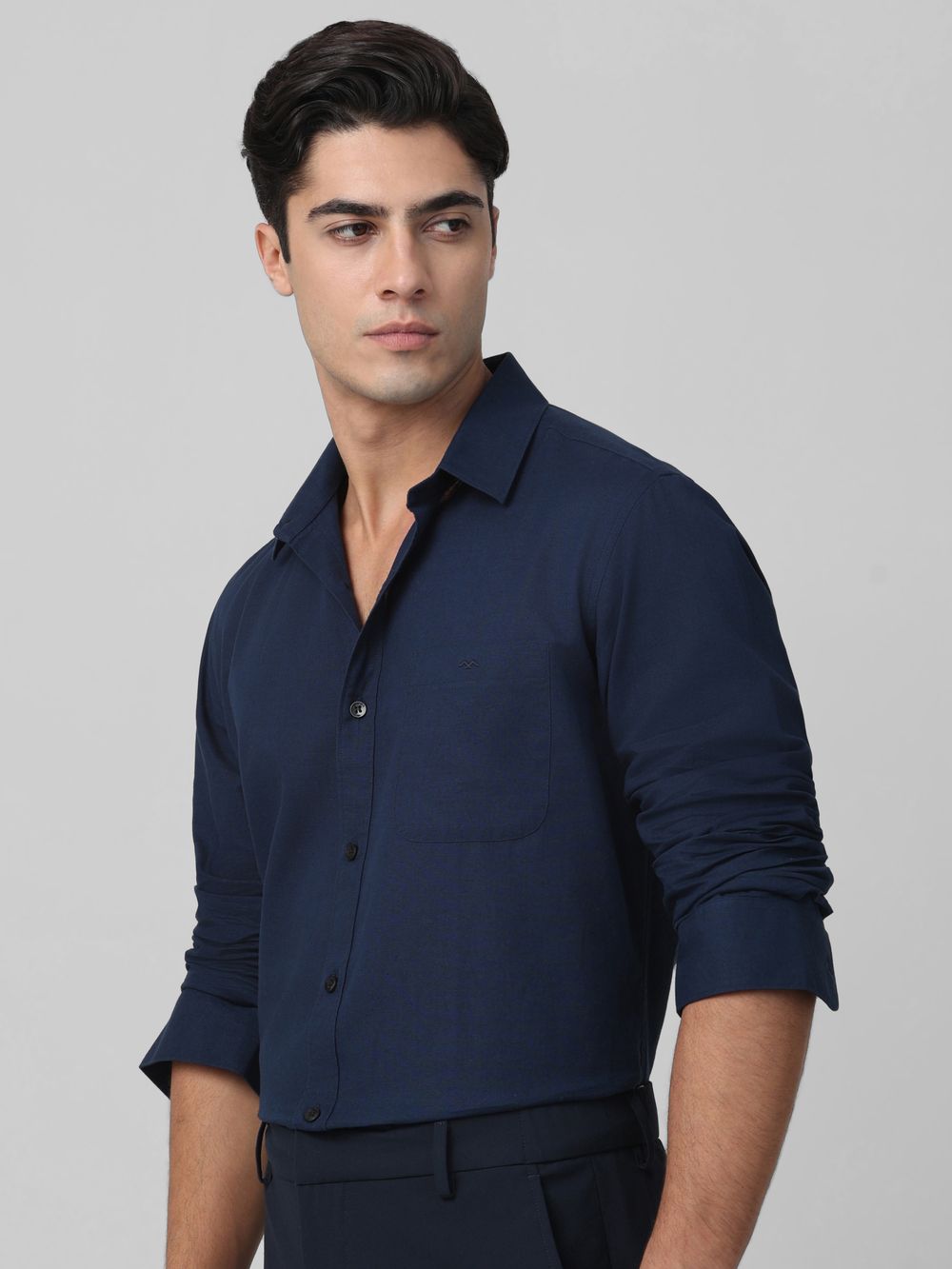 Navy Cotton Linen Plain Slim Fit Casual Shirt