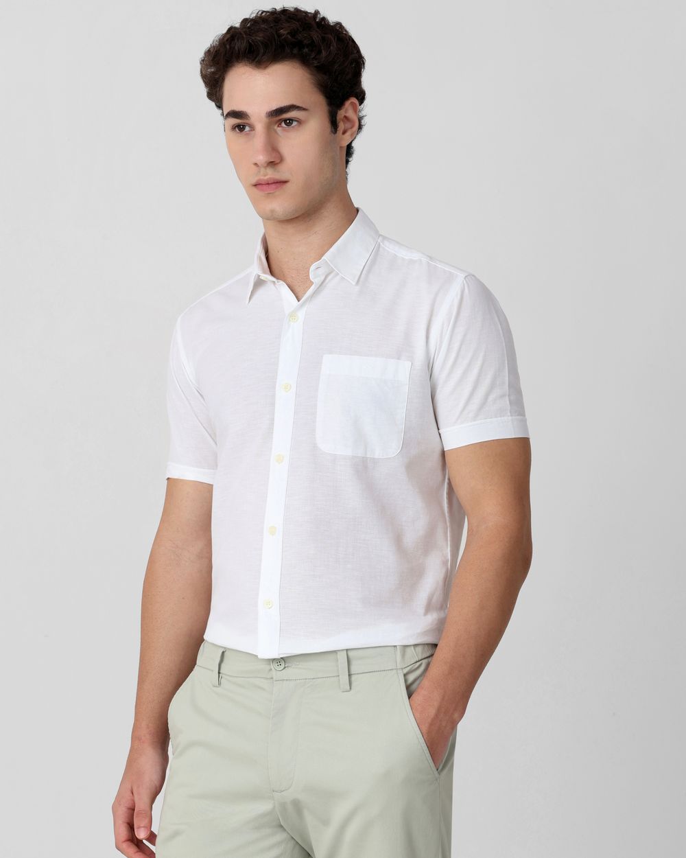 White Cotton Linen Plain Slim Fit Casual Shirt