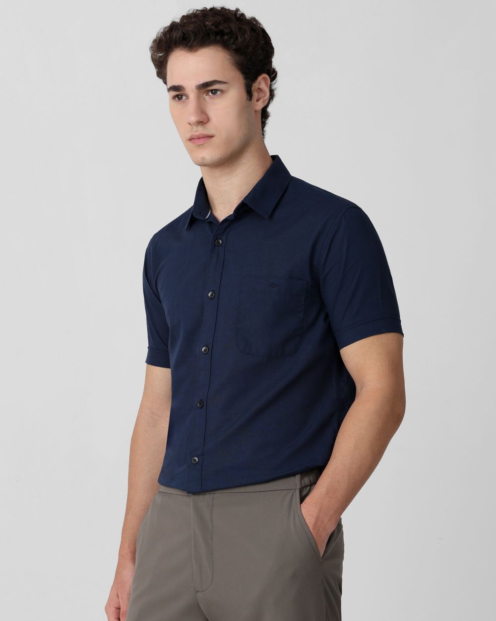 Navy Cotton Linen Plain Slim Fit Casual Shirt