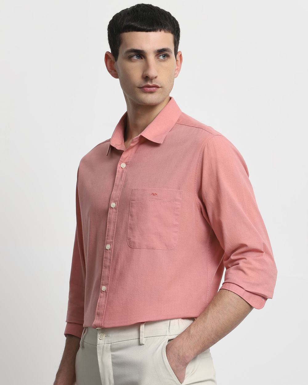 Pink Cotton Linen Plain Slim Fit Casual Shirt