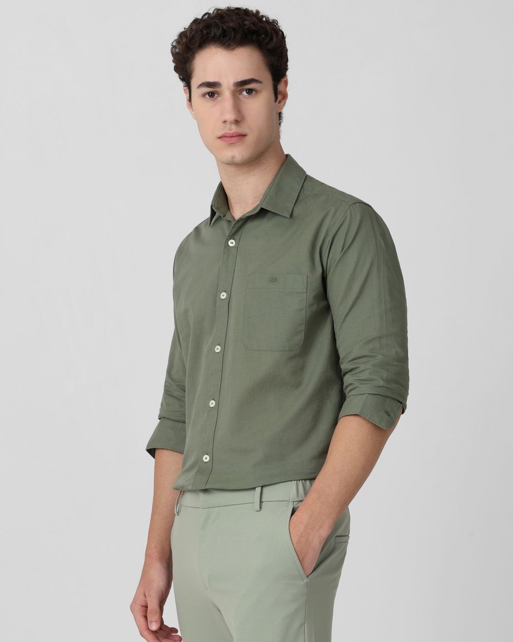 Light Olive Cotton Linen Plain Slim Fit Casual Shirt