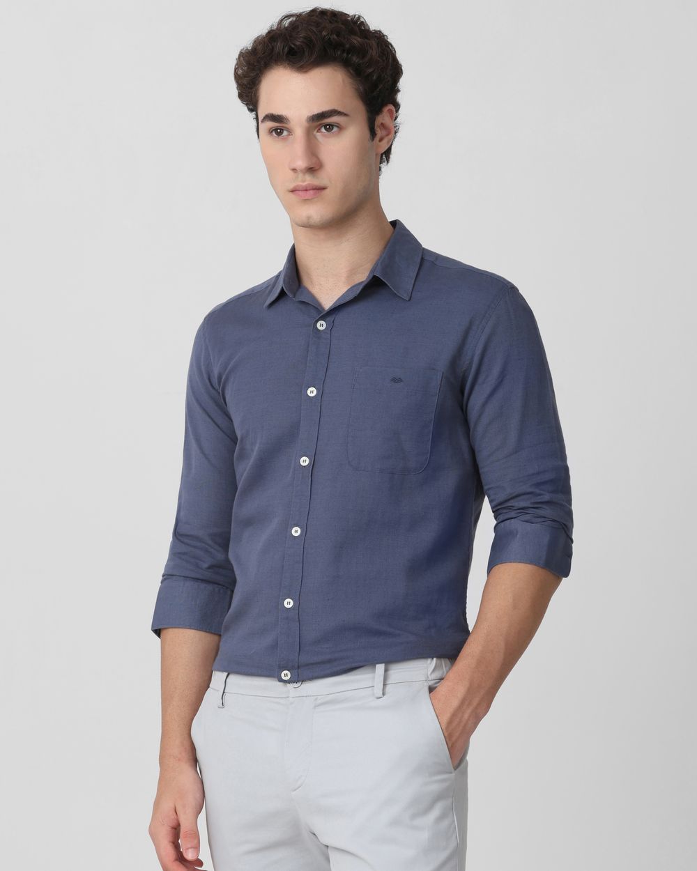 Blue Grey Cotton Linen Plain Slim Fit Casual Shirt