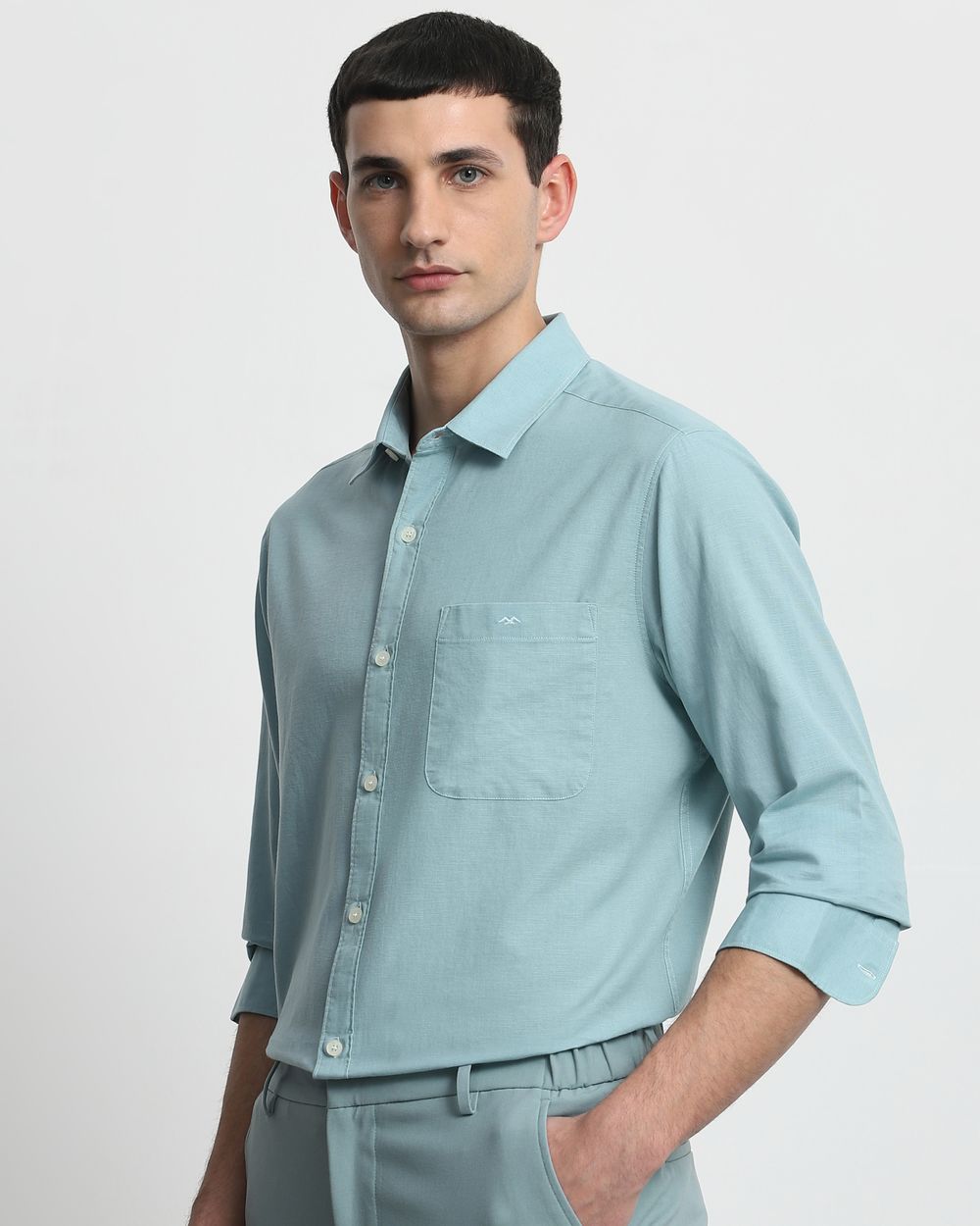 Turquoise Cotton Linen Plain Slim Fit Casual Shirt