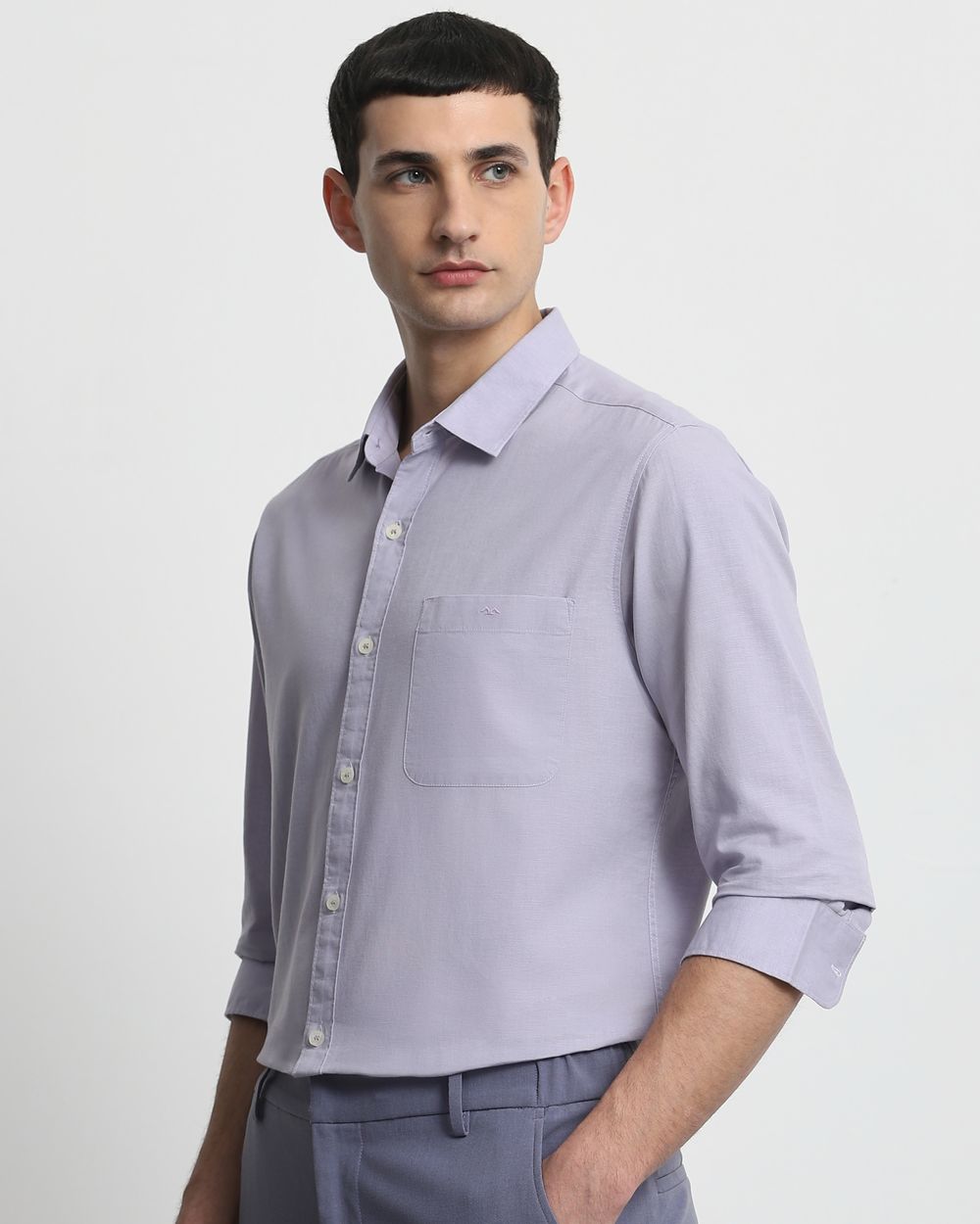 Lilac Cotton Linen Plain Slim Fit Casual Shirt