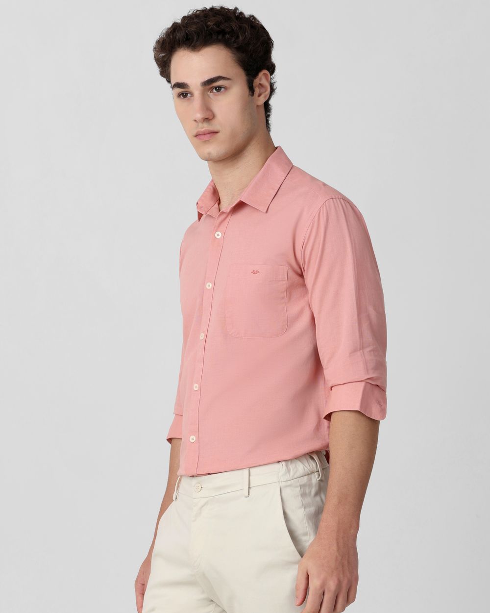 Peach Cotton Linen Plain Slim Fit Casual Shirt