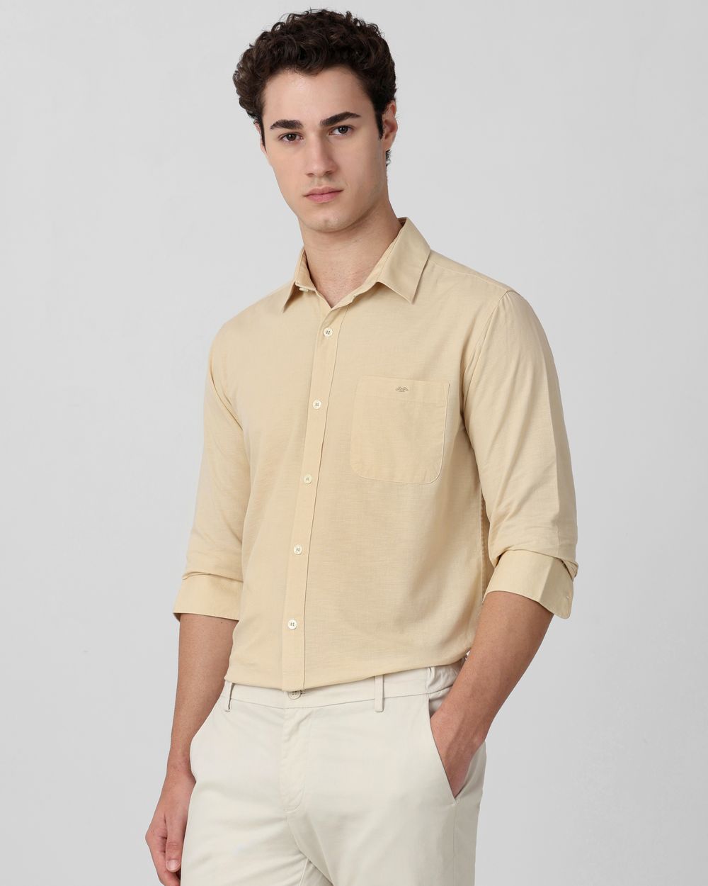 Beige Cotton Linen Plain Slim Fit Casual Shirt