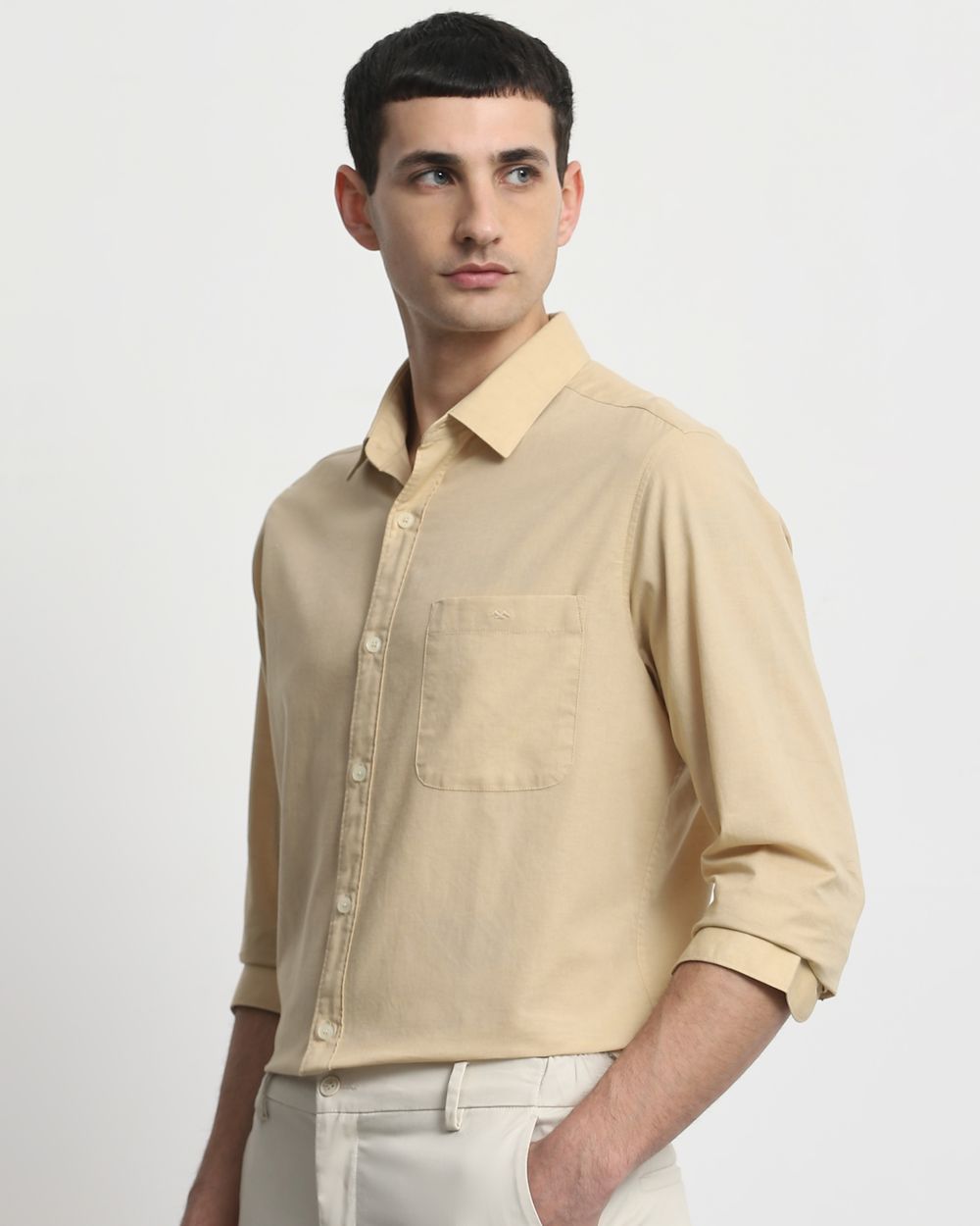 Beige Cotton Linen Plain Slim Fit Casual Shirt