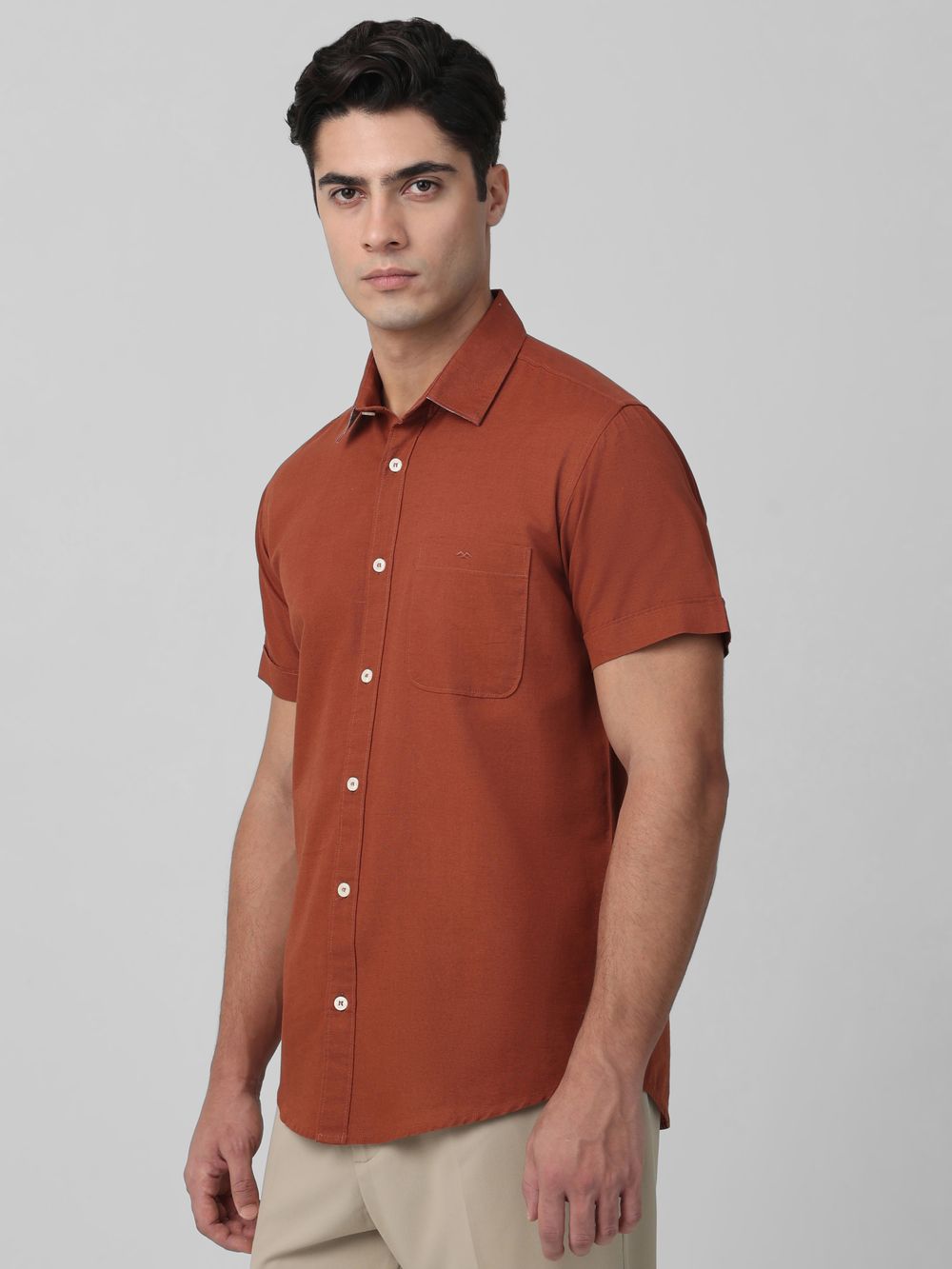 Rust Cotton Linen Plain Slim Fit Casual Shirt