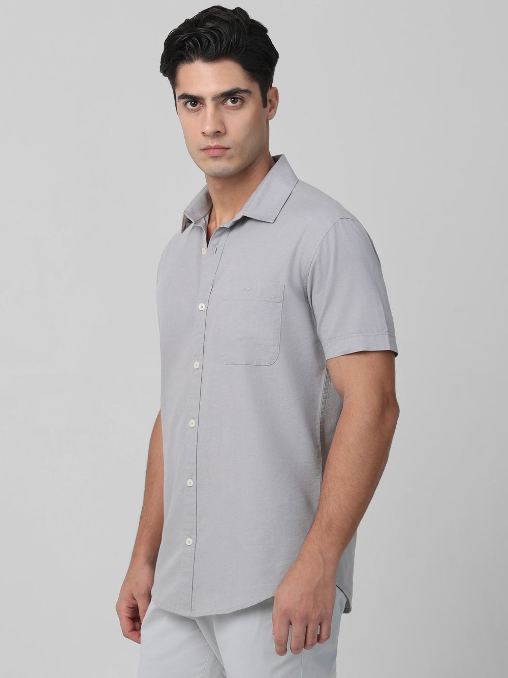 Light Grey Cotton Linen Plain Slim Fit Casual Shirt