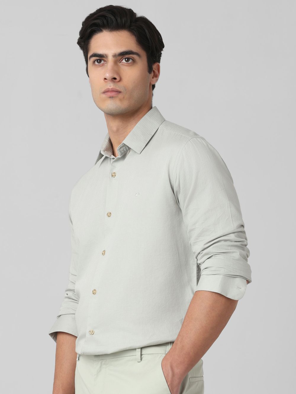 Grey Textured Plain Slim Fit Casual Shirt