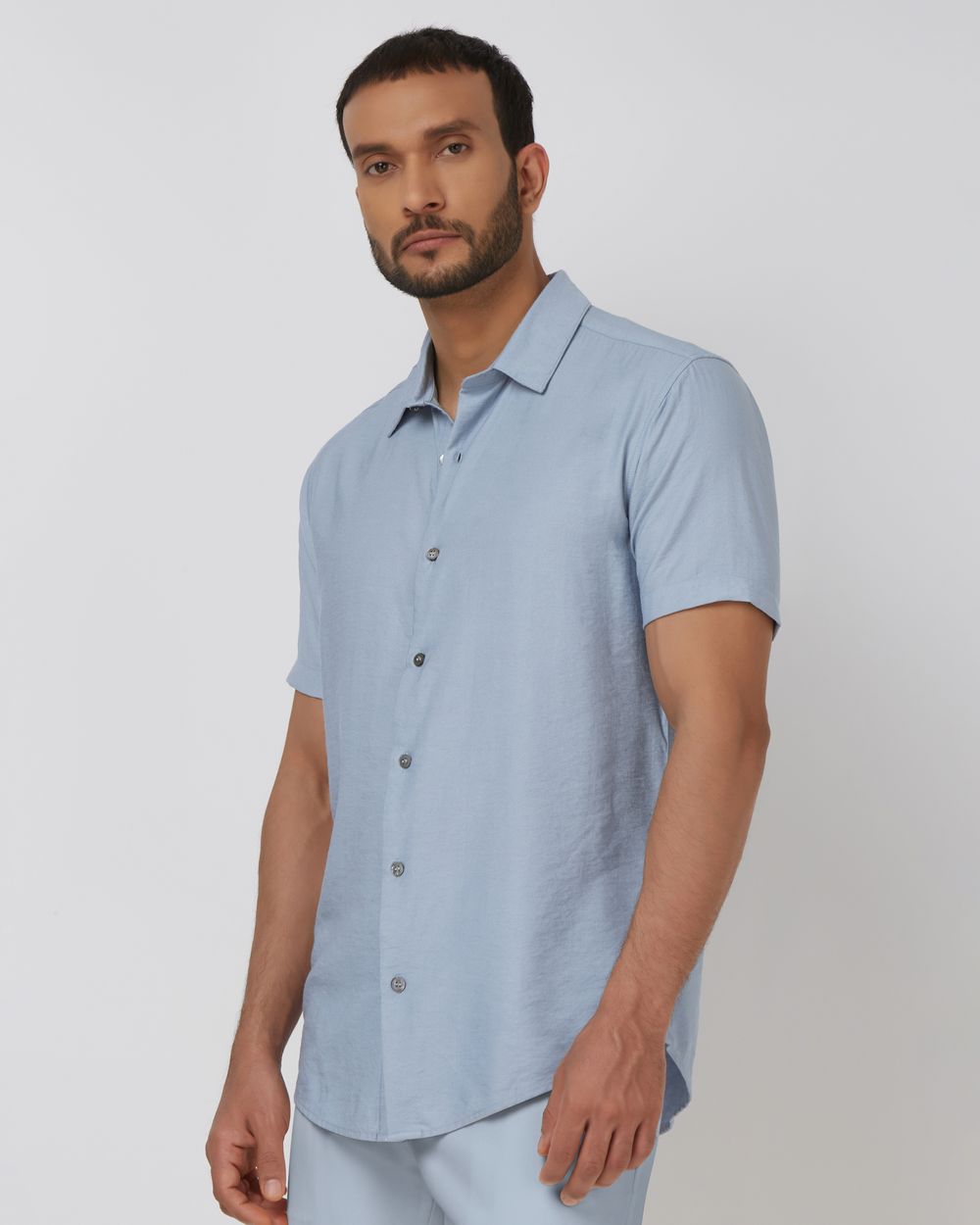 Light Blue Textured Plain Slim Fit Casual Shirt