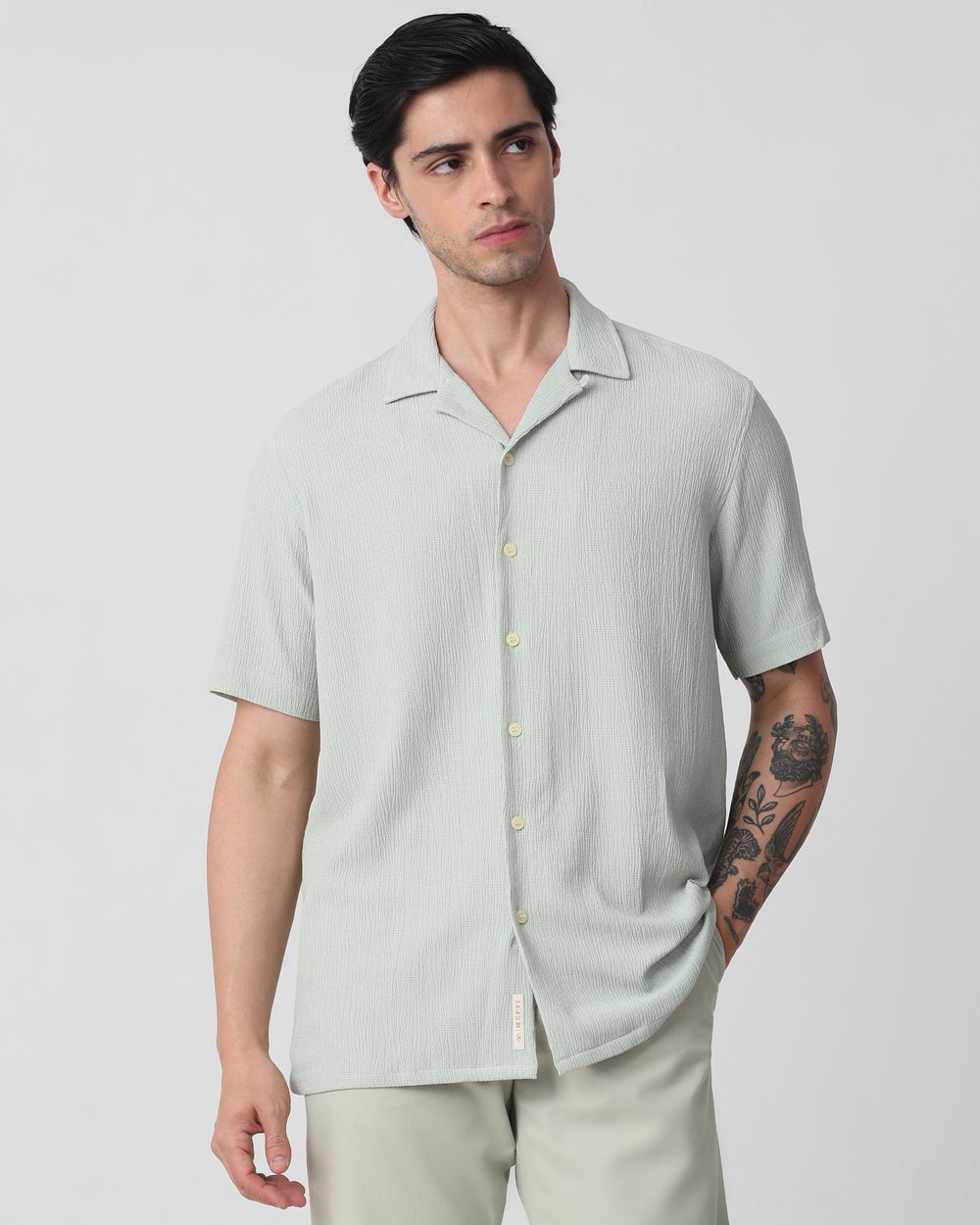 Light Green Textured Plain Relaxed Fit Casual Shirt