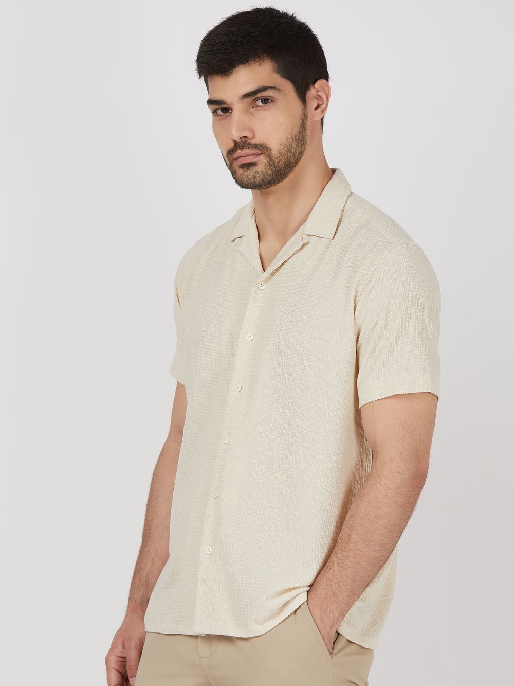 Beige Textured Plain Relaxed Fit Casual Shirt