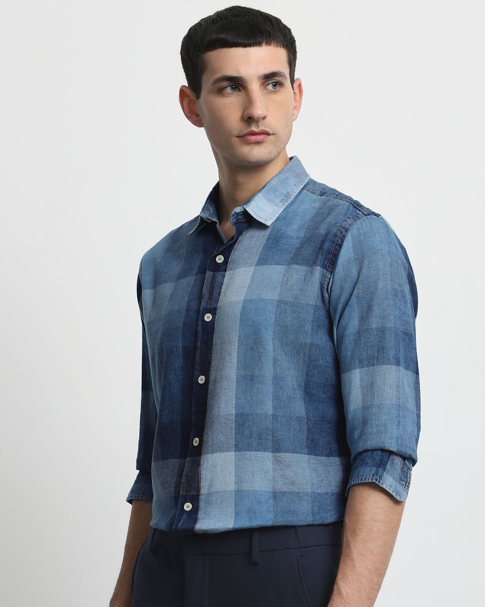 Mid Blue Denim Check Slim Fit Casual Shirt
