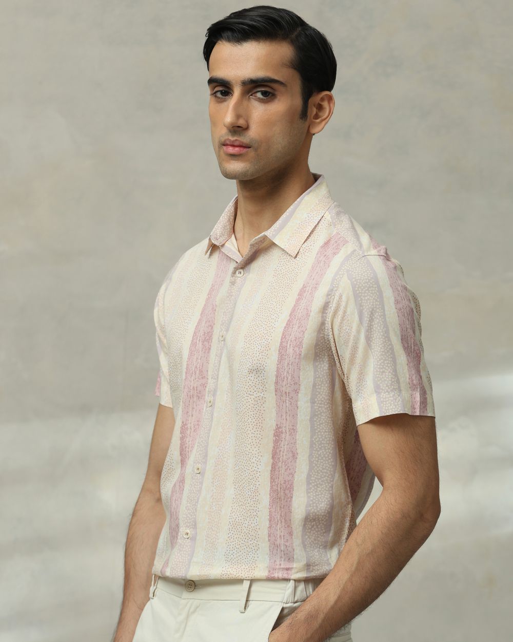 Pastel Pink Printed Stripe Slim Fit Casual Shirt