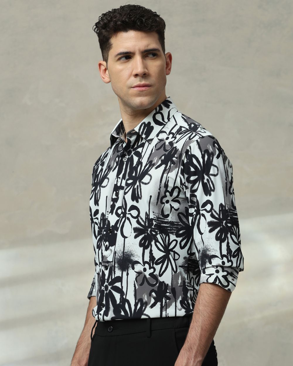 Black Scuba Print Stretch Slim Fit Casual Shirt